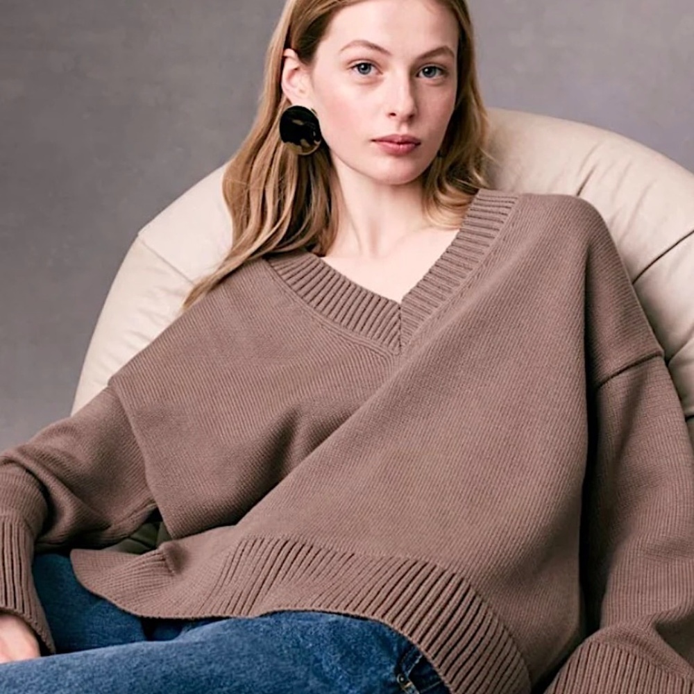 WHITE + WARREN Oversized V-Neck Sweater Heavy Organic Cotton L Mocha Brown NWOT